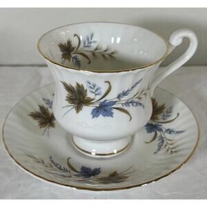Paragon Fine Bone China Teacup & Saucer Blue Gold Leaves England Vintage